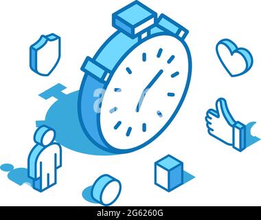 Stopwatch blue line isometric illustration. Timer, clock 3D banner template. Stock Vector