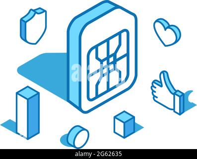 SIM card blue line isometric illustration. Mobile slot, technical phone card 3D banner template. Stock Vector