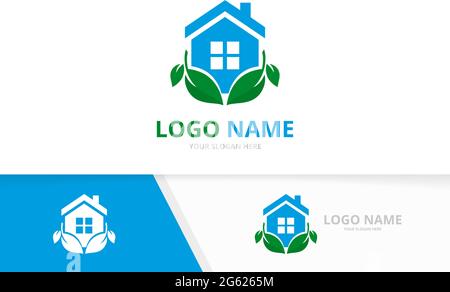 Green house and leaves logo combination. Unique real estate logotype design template. Stock Vector