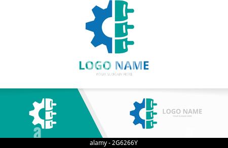 Vector spine and gear logo combination. Factory vertebral column logotype design template. Stock Vector