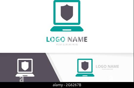 Vector shield and notebook logo combination. Security and laptop logotype design template. Stock Vector