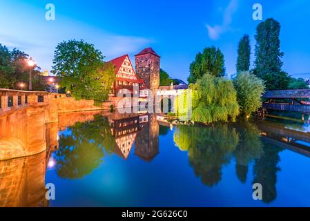 Nuremberg, Germany. Colourful and picturesque view of the half-timbered old houses on the banks of the Pegnitz river. Tourist attractions in Franconia