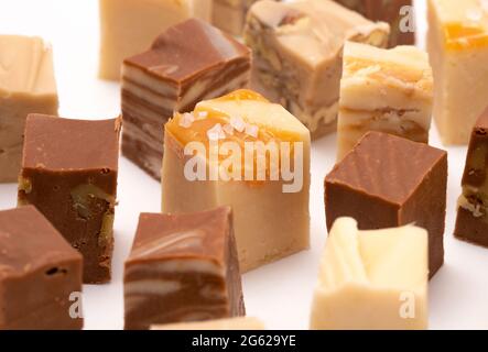 Six Different Flavors of Fudge on a White Background Stock Photo