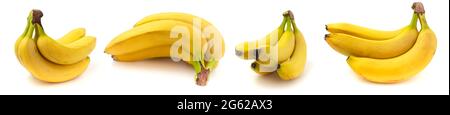 Collection of 4 photos, a branch of several bananas from different angles, isolated on white background Stock Photo