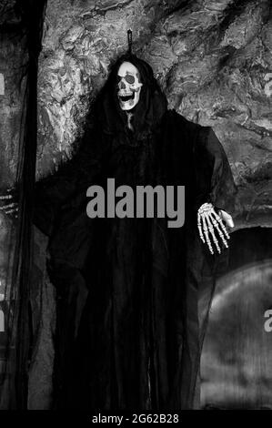 Halloween costume of a skeleton face and hands with a long black robe. Stock Photo