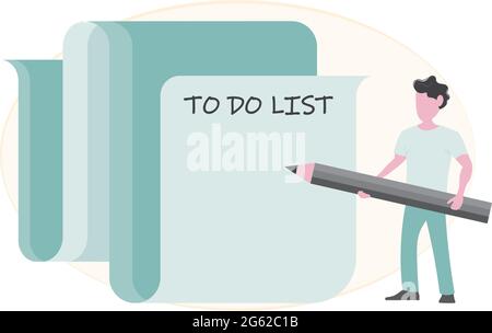 Man filling long paper note with to do list. Planning, Project Management, Brainstorming concept Stock Vector
