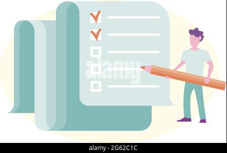 Man filling long paper note with to do list. Planning, Project Management, Brainstorming concept Stock Vector