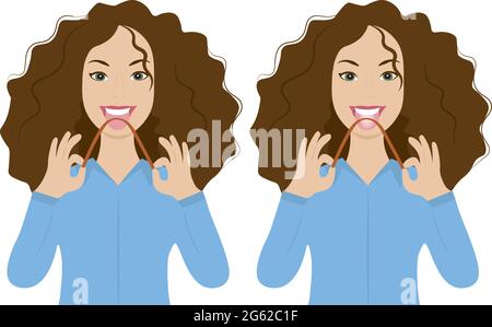 Beautiful woman using copper tongue scraper - Ayurveda morning routine Stock Vector