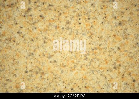 Beige granite with small gray and black inclusions, close-up of polished natural stone surface. Background, pattern, texture. Stock Photo