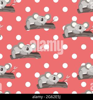 Seamless pattern with cute koala baby and flowers on color polka dots background. Funny australian animals. Card, postcards for kids. Flat vector Stock Vector