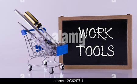 Construction concept tools shop service banner set all of tools supplies for house repair builder. Selectiv focus on the board and toll. Copy Space Co Stock Photo