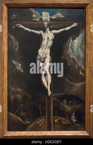 Christ on the Cross, in a landscape with Horsemen oil painting by Domenikos Theotokopoulos El Greco 1610-14 Stock Photo