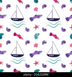 Bright marine pattern with fantastic fish, ships, starfish and shells Stock Vector