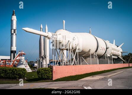 Cape Canaveral, Florida, United States - July 21 2012: NASA Saturn 1B Rocket in the Rocket Garden at Kennedy Space Center Stock Photo