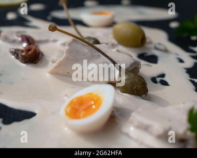 Vitello Tonnato, Veal in Tuna Sauce, Close Up, a Dish from the Piedmontese Cuisine Stock Photo