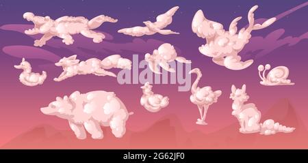 Clouds in shape of cute animals on background of sunset sky. Fox, turtle, birds, shark, snail, bear, crocodile and cat silhouettes. Vector realistic soft fluffy clouds in form of funny animals Stock Vector