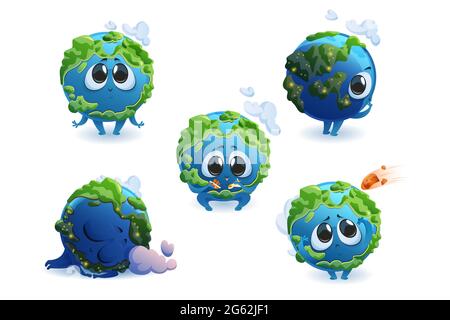 Cute planet Earth character with different emotions isolated on white background. Vector set of cartoon funny Earth smile, sleep, play with plane and ship, scared by meteorite. Creative emoji set Stock Vector
