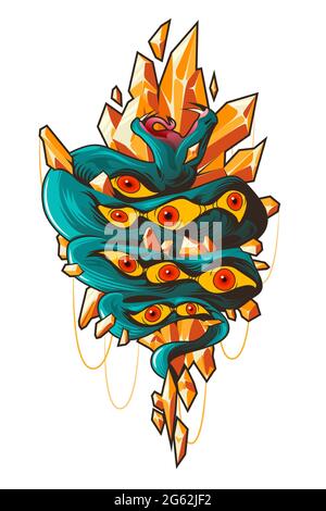 Tattoo art with snake with pattern of eyes on skin and orange crystals. Vector abstract flat illustration with green serpent, occult ornament and gems isolated on white background Stock Vector