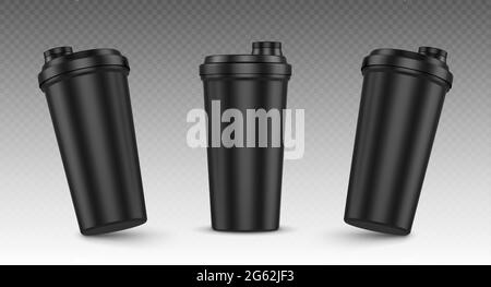 Protein shaker, cup for sports nutrition, gainer or whey shake drink front view. Plastic black bottle, mixer for gym fitness, bodybuilding isolated on transparent background Realistic 3d vector mockup Stock Vector