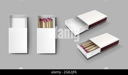 Matches in box, matchsticks with pink sulphur and wooden sticks lying in open case top view and isometric projection isolated on transparent background, Realistic 3d vector rendering, mockup set Stock Vector