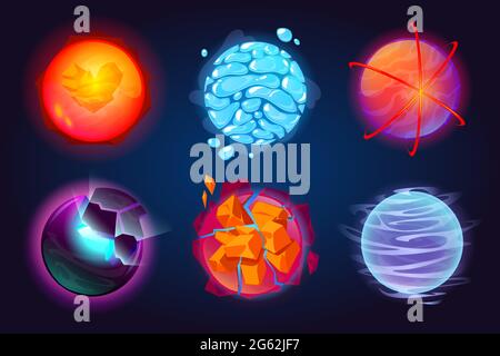 Set of fantastic planets, cartoon galaxy ui game asteroids. Cosmic world, alien space design elements. Earth, satellite with rings, water drops, glow and exploding comets surface. Vector illustration Stock Vector