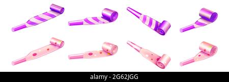 Party horn blowers with color stripes and dots for birthday celebration. Vector realistic 3d set of purple and pink whistles, noisemakers isolated on white background Stock Vector