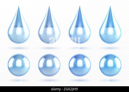 Blue water drops isolated on transparent background. Vector realistic icon set of liquid droplet and aqua spheres, clean and pure rain drips and shiny round dew Stock Vector