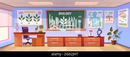 Classroom for biology learning with graph on chalkboard, posters with human organs and plant on wall. Vector cartoon illustration of empty school class interior with teacher desk, books and microscope Stock Vector