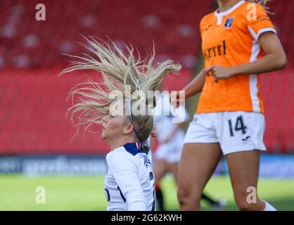 Glasgow, UK. 06th June, 2021. Brogan Hay (7 Rangers) falls on the Scottish Women's Premier League match between Glasgow City and Rangers played at Broadwood Stadium in Glasgow, Scotland Credit: SPP Sport Press Photo. /Alamy Live News Stock Photo