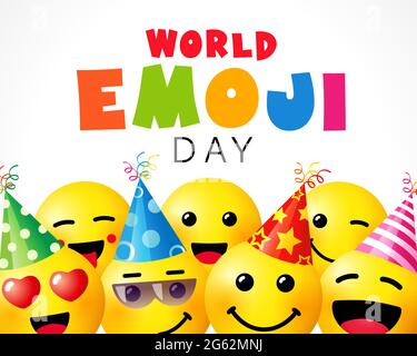 World Emoji Day, smile background template. July 17th, World emoji day text with cute emoticon icon in party hat on white empty background Vector card Stock Vector