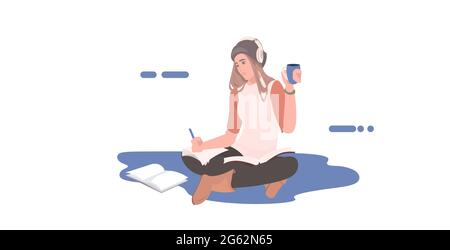 woman freelancer drinking coffee listening music writing report during coronavirus pandemic quarantine Stock Vector