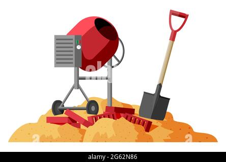 Concrete Mixer, Shovel and Bricks in Pile of Sand. Stock Vector