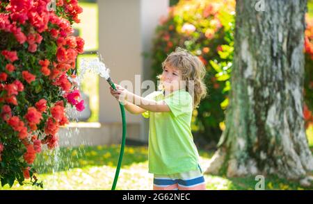 Cute little boy watering flowers in the garden at summer day. Child using garden hose. Funny kid watering plants in the yard garden. Stock Photo