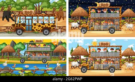 Set of different safari scenes with animals and kids cartoon character illustration Stock Vector