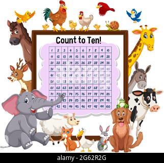 Counting number 1-100 board with wild animals illustration Stock Vector