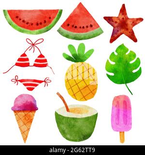 Summer watercolor element object set. Isolated items on white background. Stock Photo