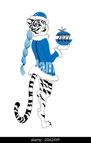 Snow Maiden tigress in New Year's outfit. Symbol of the Year of the Chinese calendar Tiger 2022. Festive greeting card, print. Stock Vector