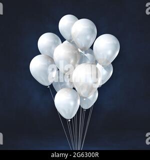 White balloons bunch on a black wall background. Horizontal banner. 3D ...