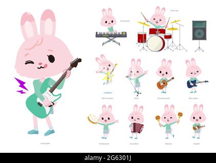 A set of rabbit girl playing rock 'n' roll and pop music.It's vector art so it's easy to edit. Stock Vector