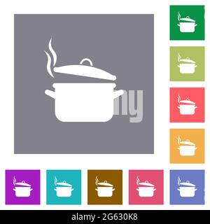Steaming pot with lid flat icons on simple color square backgrounds Stock Vector