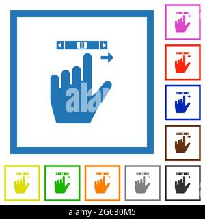 left handed scroll right gesture flat color icons in square frames on white background Stock Vector