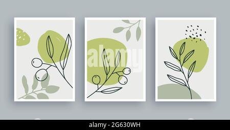 olive branch botanical wall art painting background. Foliage art and hand drawn line with abstract shape. Mid century scandinavian nordic style. Stock Vector