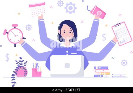 Multitasking Business Woman Or Office Worker as Secretary Surrounded By Hands With Holding Every Job In The Workplace. Vector Illustration Stock Vector