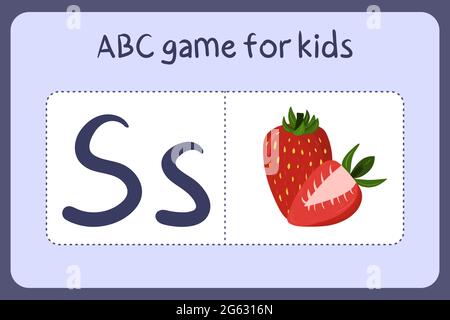 Kid alphabet mini games in cartoon style with letter S - strawberry. Vector illustration for game design - cut and play. Learn abc with fruit and vegetable flash cards. Stock Vector