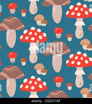Seamless flat texture with mushrooms and amanita on a dark background. Cartoon pattern with fungus. Hand drawn wallpaper with forest gifts. Vector nat Stock Vector