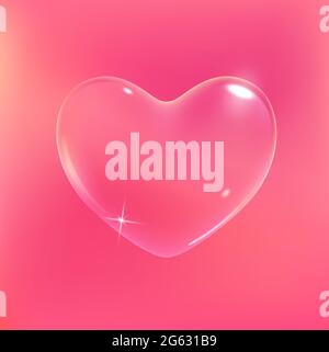 Realistic transparent pink vector soap bubble shaped as heart. Romantic glossy soapy heart. Valentine day symbol. Pink background. Stock Vector