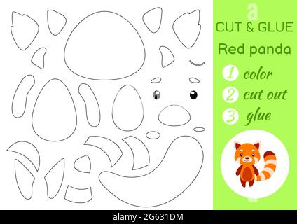 Color, cut and glue paper little red panda. Cut and paste crafts activity page. Educational game for preschool children. DIY worksheet. Kids logic gam Stock Vector