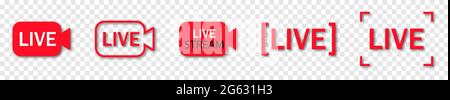 Collection of live streaming icons. Live broadcasting buttons and symbols. Set of online stream icons. Social media. Vector illustration isolated on t Stock Vector