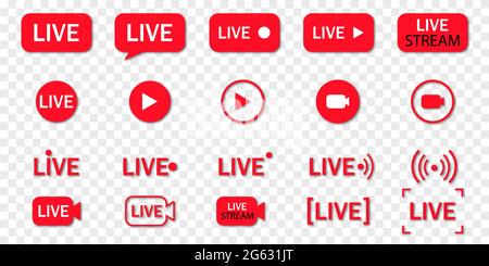 Set of live streaming icons. Red symbols and buttons of live streaming, broadcasting, online stream isolated on transparent background Stock Vector