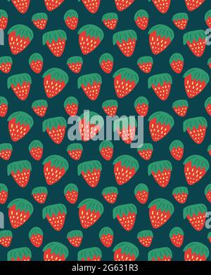 Children's seamless pattern with ripe strawberries on a dark background. Vector cartoon natural texture. Wallpaper with hand-drawn berries. Stock Vector